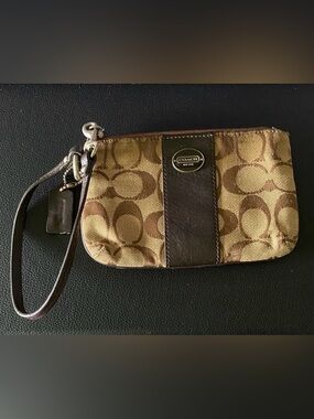 Coach Brown Signature Jacquard Wristlet with Dark Brown Leather Trim